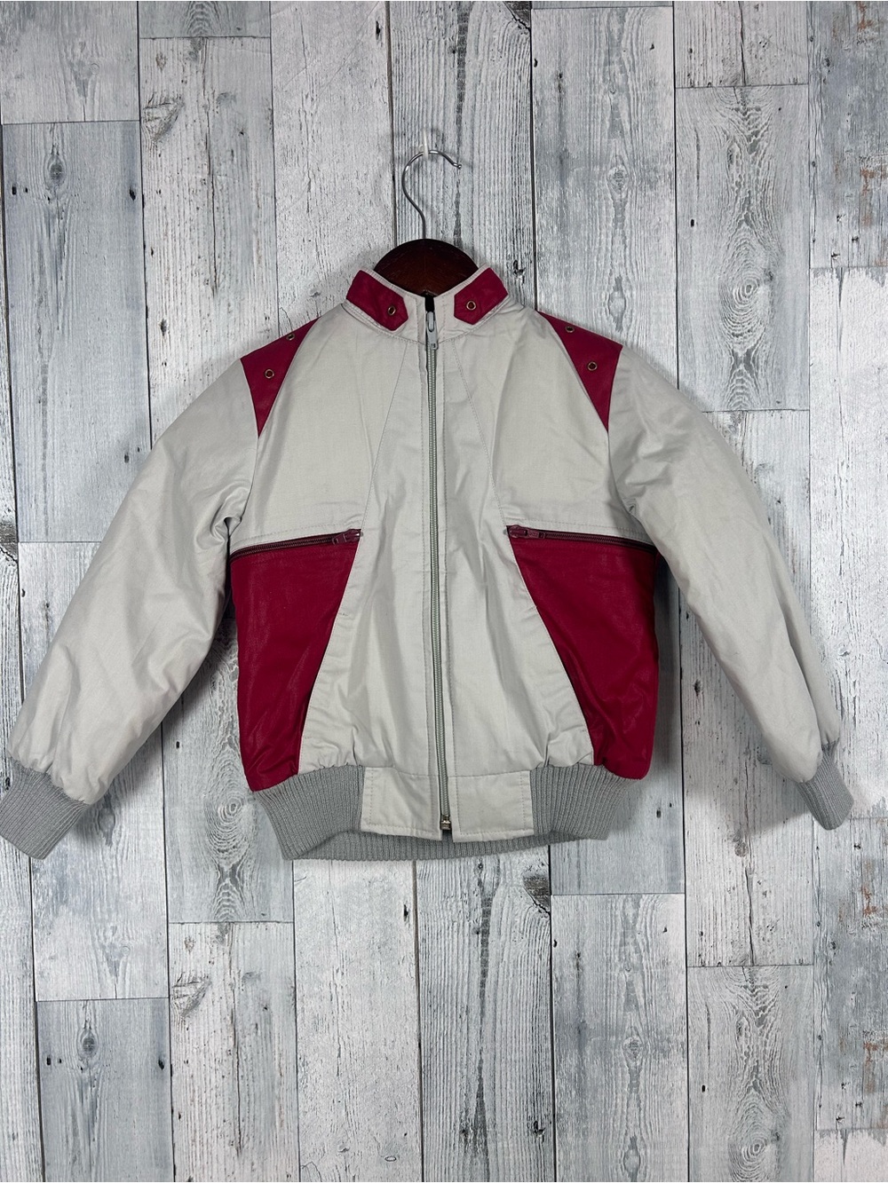 Vintage 1980s Big Ben Youth 7 Red Gray Bomber Jacket Sherpa Lined Made in Canada